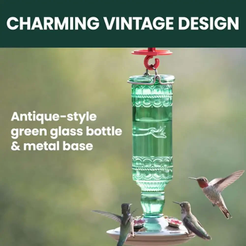 Antique Glass Bottle Hummingbird Feeder 10 Oz Capacity Green Outdoor Hanging
